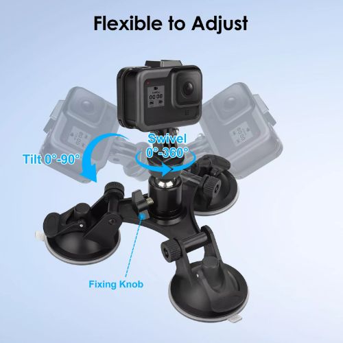 Camera Suction Cup Mount Fit for GoPro Action Camera, BYLD Triple Car Camera Mount w/1/4'' Ball Head Screw Adapter, Camera Mount for Car Window Windshield Compatible with GoPro Hero 10 9 8, DJI OSMO