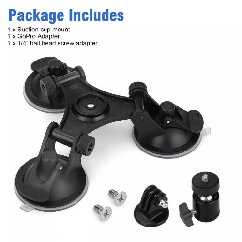 Camera Suction Cup Mount Fit for GoPro Action Camera, BYLD Triple Car Camera Mount w/1/4'' Ball Head Screw Adapter, Camera Mount for Car Window Windshield Compatible with GoPro Hero 10 9 8, DJI OSMO