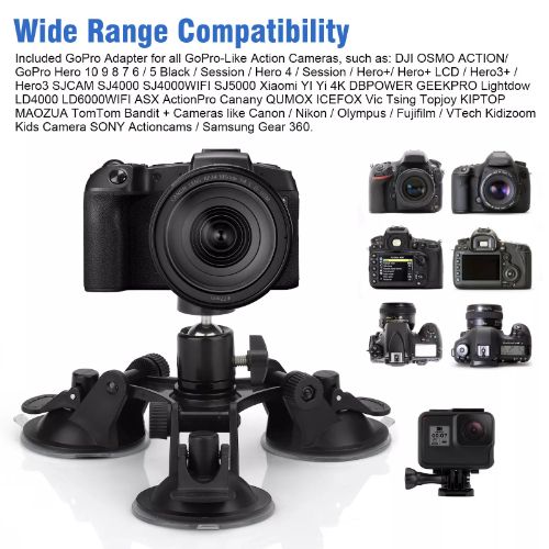 Camera Suction Cup Mount Fit for GoPro Action Camera, BYLD Triple Car Camera Mount w/1/4'' Ball Head Screw Adapter, Camera Mount for Car Window Windshield Compatible with GoPro Hero 10 9 8, DJI OSMO
