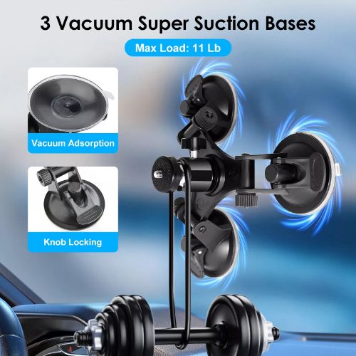 Camera Suction Cup Mount Fit for GoPro Action Camera, BYLD Triple Car Camera Mount w/1/4'' Ball Head Screw Adapter, Camera Mount for Car Window Windshield Compatible with GoPro Hero 10 9 8, DJI OSMO
