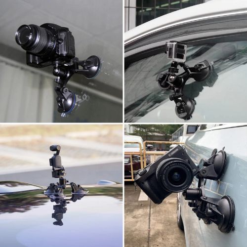 Camera Suction Cup Mount Fit for GoPro Action Camera, BYLD Triple Car Camera Mount w/1/4'' Ball Head Screw Adapter, Camera Mount for Car Window Windshield Compatible with GoPro Hero 10 9 8, DJI OSMO