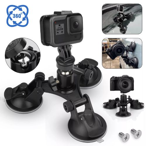 Camera Suction Cup Mount Fit for GoPro Action Camera, BYLD Triple Car Camera Mount w/1/4'' Ball Head Screw Adapter, Camera Mount for Car Window Windshield Compatible with GoPro Hero 10 9 8, DJI OSMO