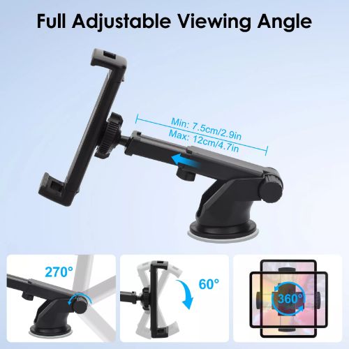 BYLD Car Tablet Mount Holder for Windshield Dashboard, 360° Rotation Suction Cup Car Phone Cradle Stand Fit for 4.7-12.9" iPhone, iPad Mini Air, Samsung Galaxy Tab