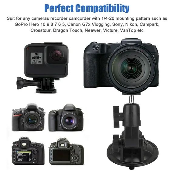 Camera Suction Cup Mount, BYLD Action Camera Holder Adapter for Car Windshield Window, Universal 1/4 Screw Sucker Clamp Compatible with GoPro Hero 10 9 8, SJCAM, Canon, Sony, DSLR, Nikon