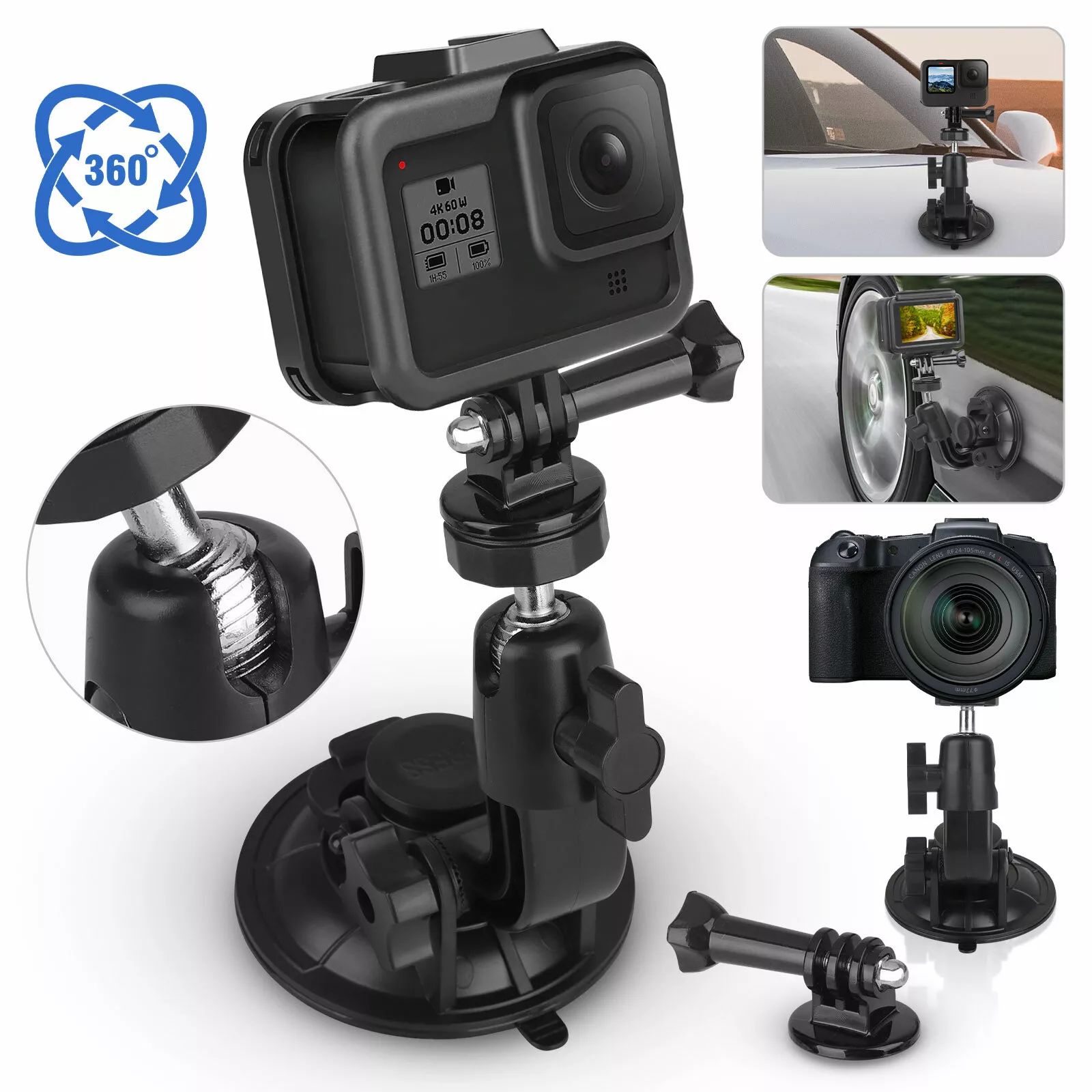 Camera Suction Cup Mount, BYLD Action Camera Holder Adapter for Car Windshield Window, Universal 1/4 Screw Sucker Clamp Compatible with GoPro Hero 10 9 8, SJCAM, Canon, Sony, DSLR, Nikon