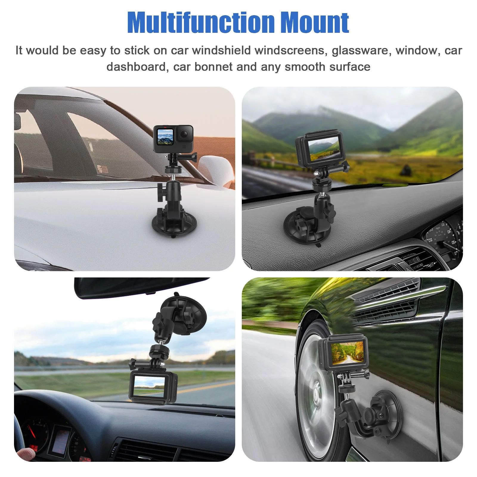 Camera Suction Cup Mount, BYLD Action Camera Holder Adapter for Car Windshield Window, Universal 1/4 Screw Sucker Clamp Compatible with GoPro Hero 10 9 8, SJCAM, Canon, Sony, DSLR, Nikon