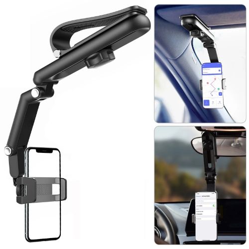 Car Phone Holder Mount, BYLD Sun Visor Phone Holder for Car, Universal Clip 360°Adjustable Cellphone Stand Rearview Mirror Cradle Compatible with Samsung, LG, Huawei Phone