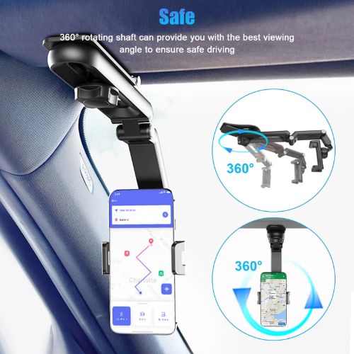 Car Phone Holder Mount, BYLD Sun Visor Phone Holder for Car, Universal Clip 360°Adjustable Cellphone Stand Rearview Mirror Cradle Compatible with Samsung, LG, Huawei Phone