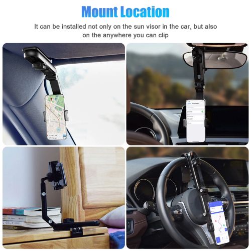 Car Phone Holder Mount, BYLD Sun Visor Phone Holder for Car, Universal Clip 360°Adjustable Cellphone Stand Rearview Mirror Cradle Compatible with Samsung, LG, Huawei Phone