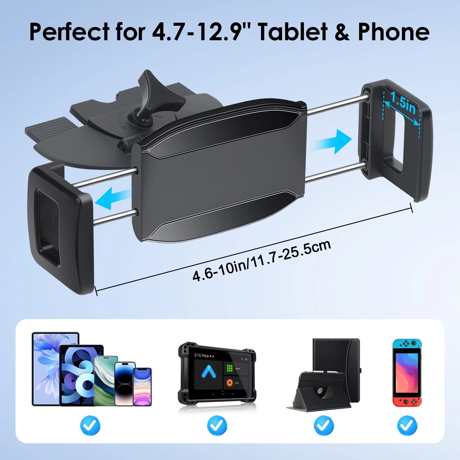 BYLD 2 in 1 CD Slot Tablet Car Mount, Universal 360° Rotation CD Player Car Phone Holder for 4-15 in iPhone Samsung iPad GPS Devices, Black