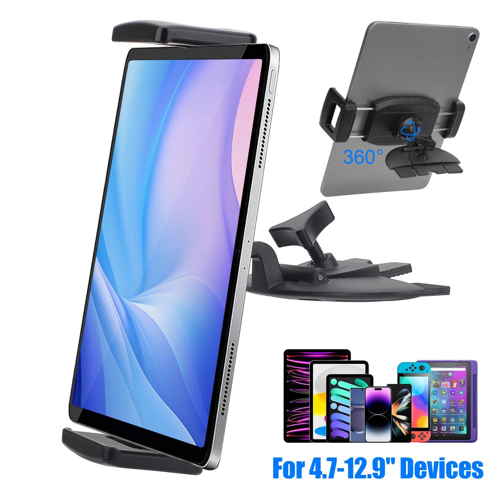 BYLD 2 in 1 CD Slot Tablet Car Mount, Universal 360° Rotation CD Player Car Phone Holder for 4-15 in iPhone Samsung iPad GPS Devices, Black