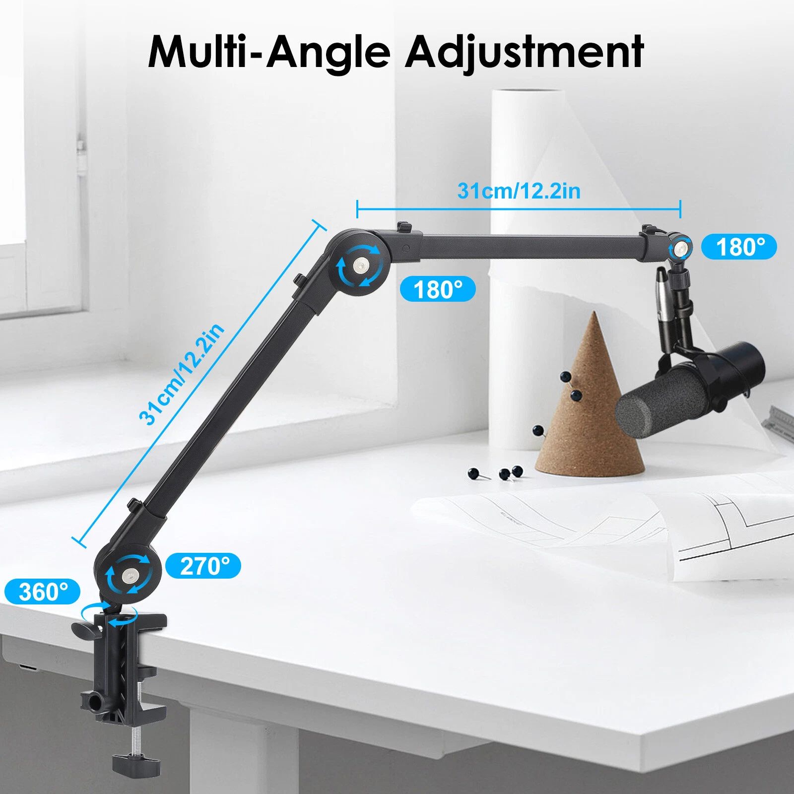 BYLD Microphone Boom Arm with Desk Mount 360° Rotatable Adjustable Studio Table Mic Stand w/ 3/8''to 5/8'' Adapter For Podcast, Recording, Live Streaming