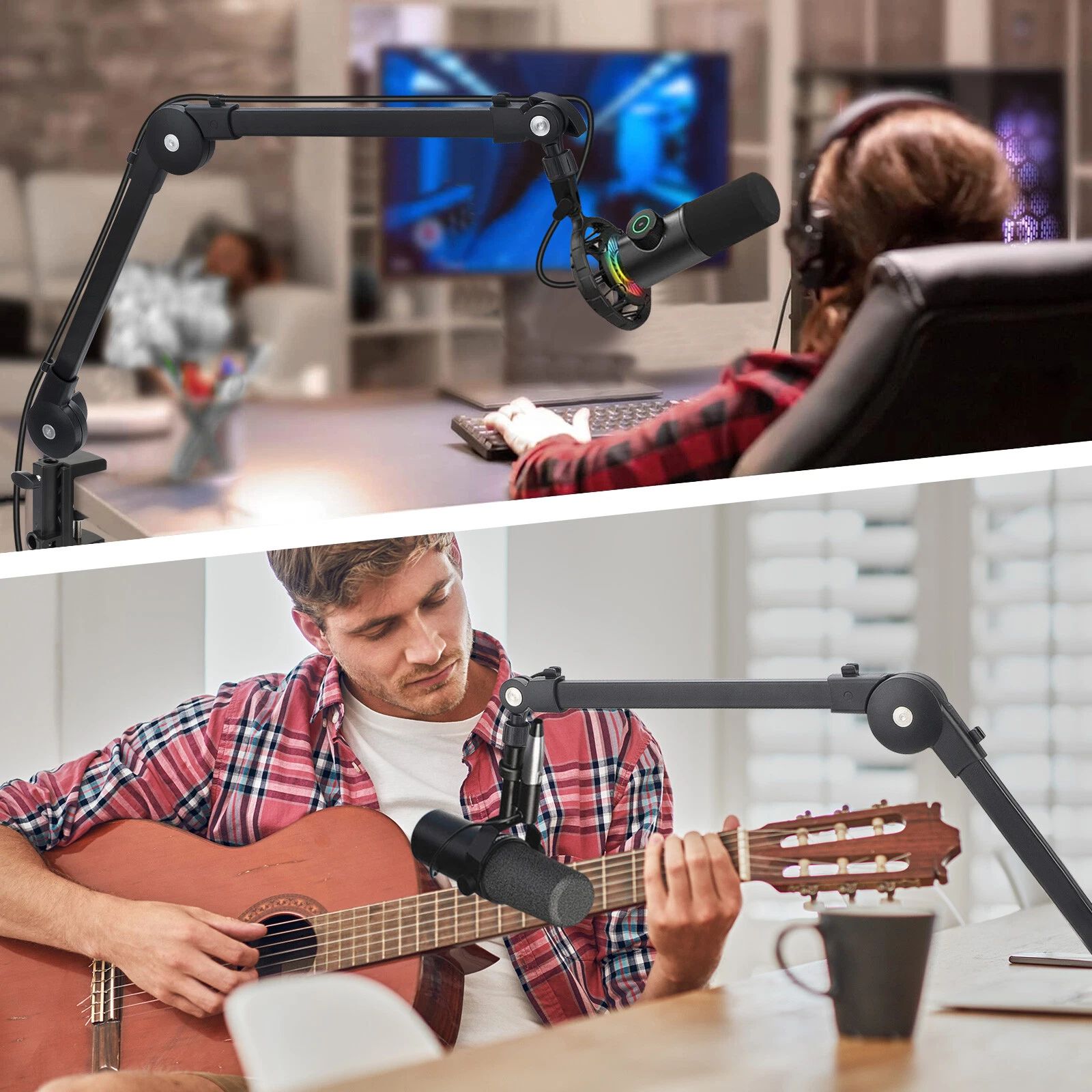 BYLD Microphone Boom Arm with Desk Mount 360° Rotatable Adjustable Studio Table Mic Stand w/ 3/8''to 5/8'' Adapter For Podcast, Recording, Live Streaming
