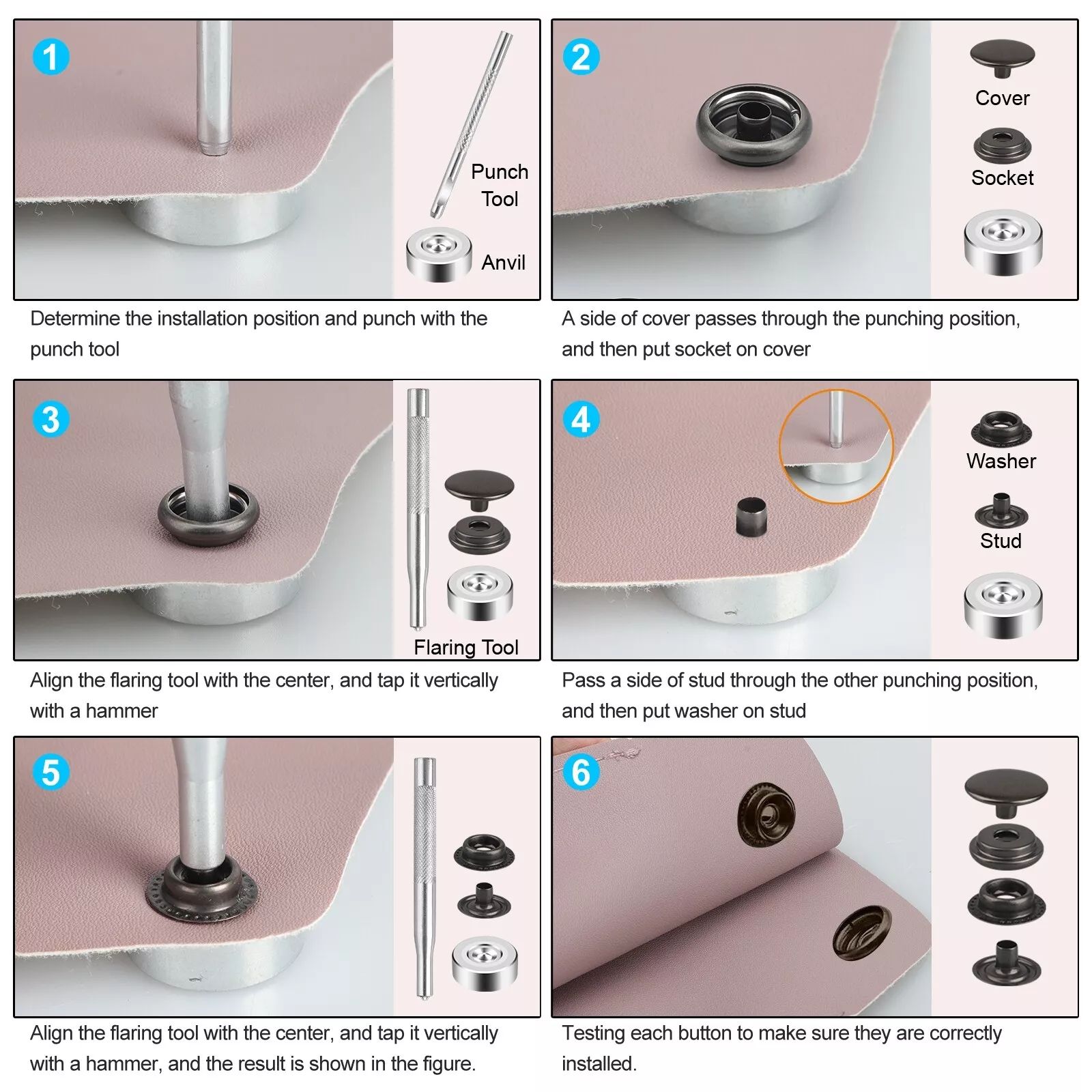 BYLD 70 Sets 15mm 5/8" Buckle Snap Fasteners Kit Metal Snap Buttons Rings With Fastener Pliers, Press Stud Cap Button Base Tool for Marine Boat Leather Craft Canvas
