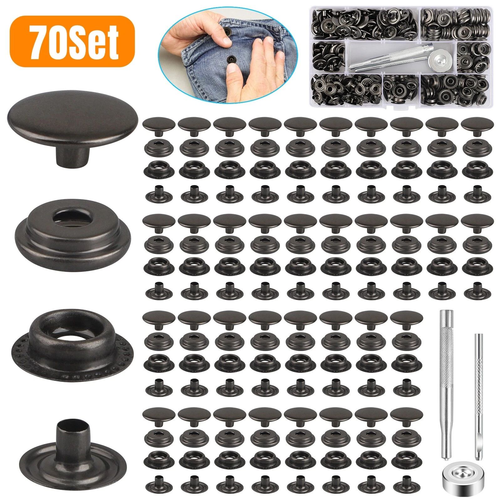 BYLD 70 Sets 15mm 5/8" Buckle Snap Fasteners Kit Metal Snap Buttons Rings With Fastener Pliers, Press Stud Cap Button Base Tool for Marine Boat Leather Craft Canvas