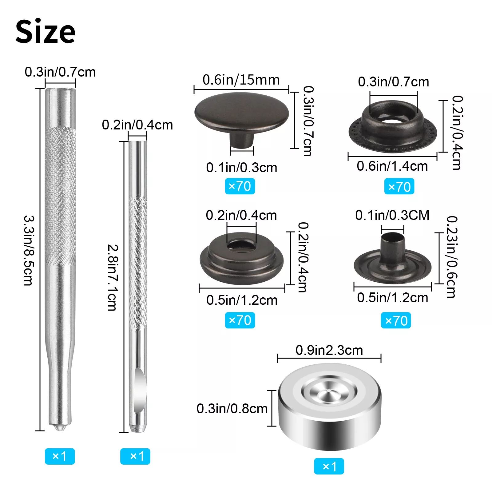 BYLD 70 Sets 15mm 5/8" Buckle Snap Fasteners Kit Metal Snap Buttons Rings With Fastener Pliers, Press Stud Cap Button Base Tool for Marine Boat Leather Craft Canvas