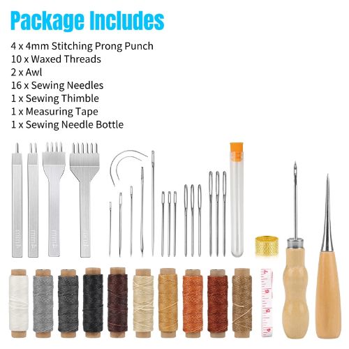 BYLD 35 Pcs Leather Stitching Sewing Tool Kit with Hole Punch, Sewing Tools, Waxed Thread and Large-Eye Stitching Needles for Carving Sewing DIY Hand Working Repair Tool
