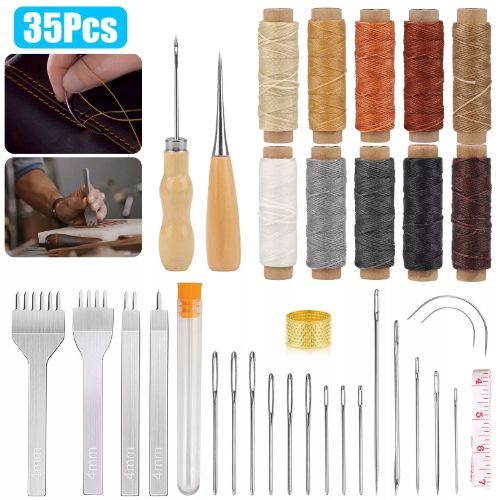 BYLD 35 Pcs Leather Stitching Sewing Tool Kit with Hole Punch, Sewing Tools, Waxed Thread and Large-Eye Stitching Needles for Carving Sewing DIY Hand Working Repair Tool