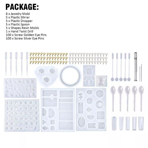 BYLD 229Pcs DIY Jewelry Silicone Casting Molds Tools Set, Different Shapes Silicone Resin Ring Jewelry Resin Casting Mold for DIY Rings, Earrings, Necklace Pendants, Keyrings, Crafts, Decorations