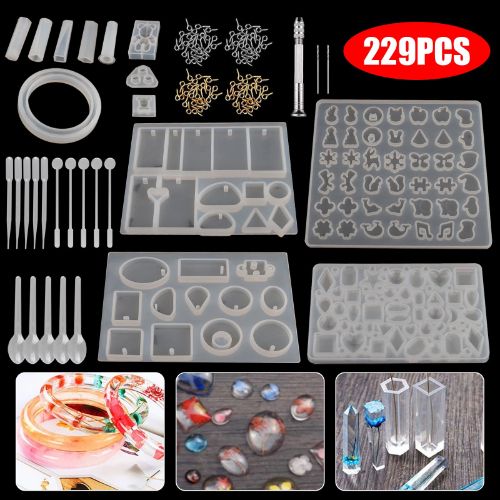 BYLD 229Pcs DIY Jewelry Silicone Casting Molds Tools Set, Different Shapes Silicone Resin Ring Jewelry Resin Casting Mold for DIY Rings, Earrings, Necklace Pendants, Keyrings, Crafts, Decorations