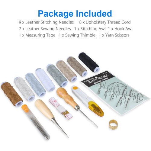 BYLD 29PCS Leather Craft Punch Tools Kit, Leather Hand Sewing Needles Canvas Thread and Needles Tape Measure Large-Eye Stitching Needles, Curved Hand Sewing Needles, Awl for Leather Repair