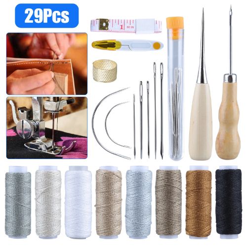 BYLD 29PCS Leather Craft Punch Tools Kit, Leather Hand Sewing Needles Canvas Thread and Needles Tape Measure Large-Eye Stitching Needles, Curved Hand Sewing Needles, Awl for Leather Repair