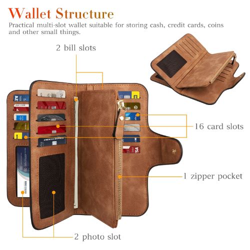 BYLD Women's Long Multi-Card Wallet Soft Leather Clutch Cash ID Credit Holder Bag Lady Purse Phone Handbag