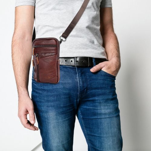 BYLD Men Leather Phone Pouch Belt Bag Shoulder Crossbody Waist Pack Holster Handbag Multi-Card Wallet Soft Leather Clutch Cash ID Credit Holder Purse