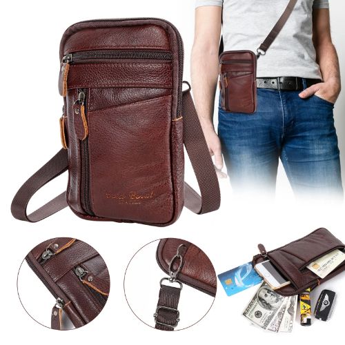 BYLD Men Leather Phone Pouch Belt Bag Shoulder Crossbody Waist Pack Holster Handbag Multi-Card Wallet Soft Leather Clutch Cash ID Credit Holder Purse