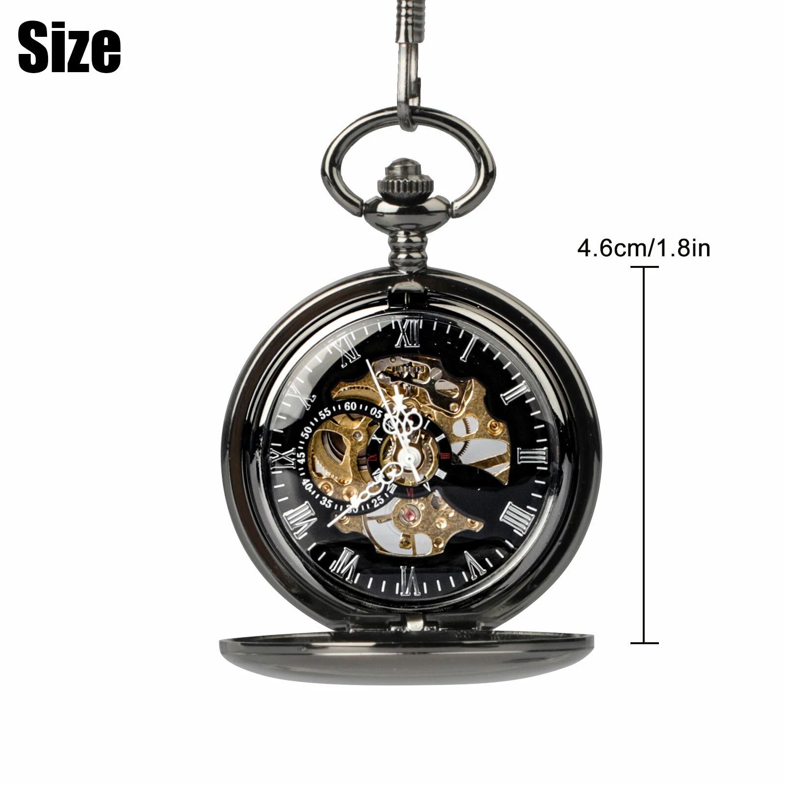 BYLD Mens Women Pocket Watch, Roman Numerals Mechanical Watch Black Steampunk Skeleton Style Hanging Watch with Retro Necklace Pendant Clock Chain Luxury Classic Dial Gift for Boys
