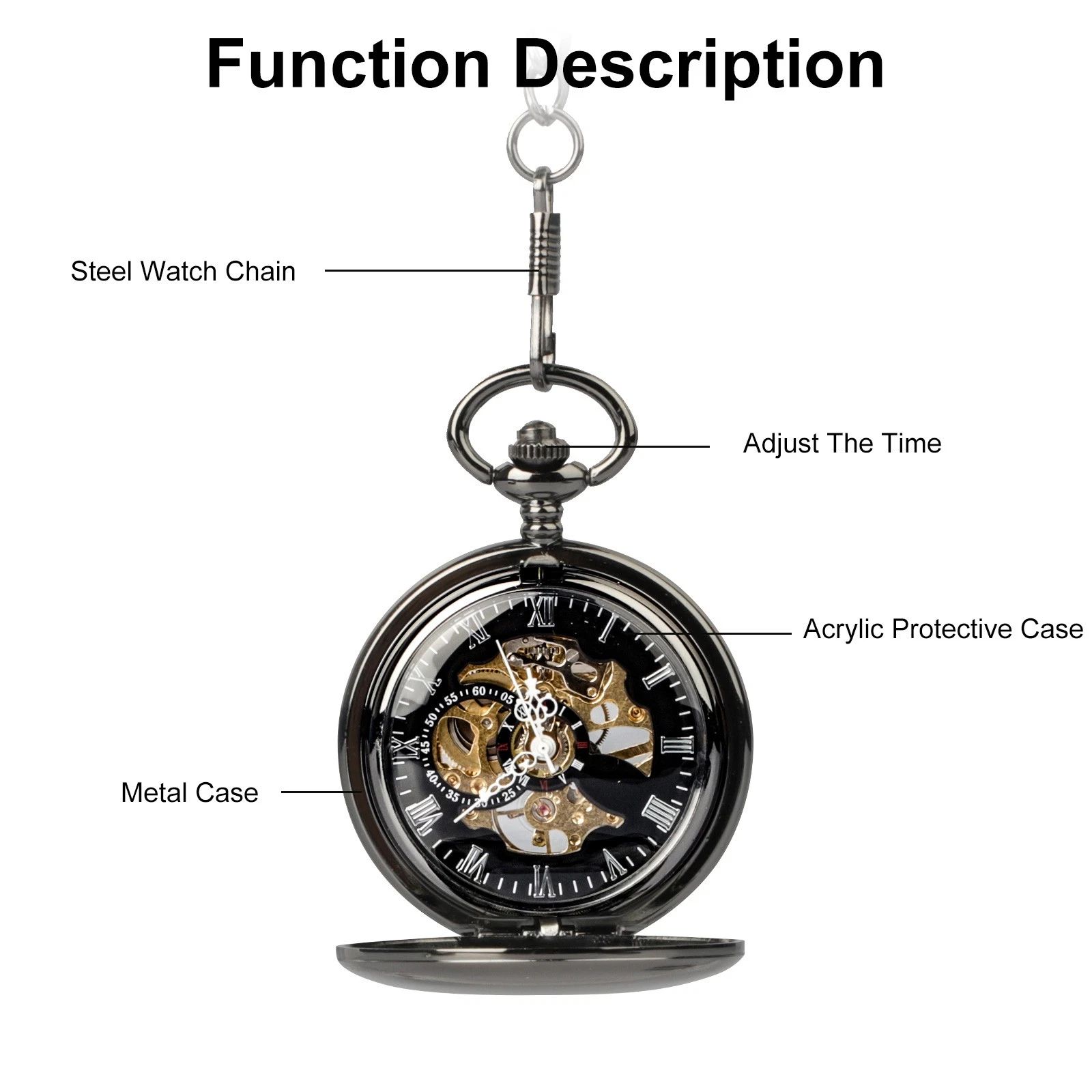 BYLD Mens Women Pocket Watch, Roman Numerals Mechanical Watch Black Steampunk Skeleton Style Hanging Watch with Retro Necklace Pendant Clock Chain Luxury Classic Dial Gift for Boys