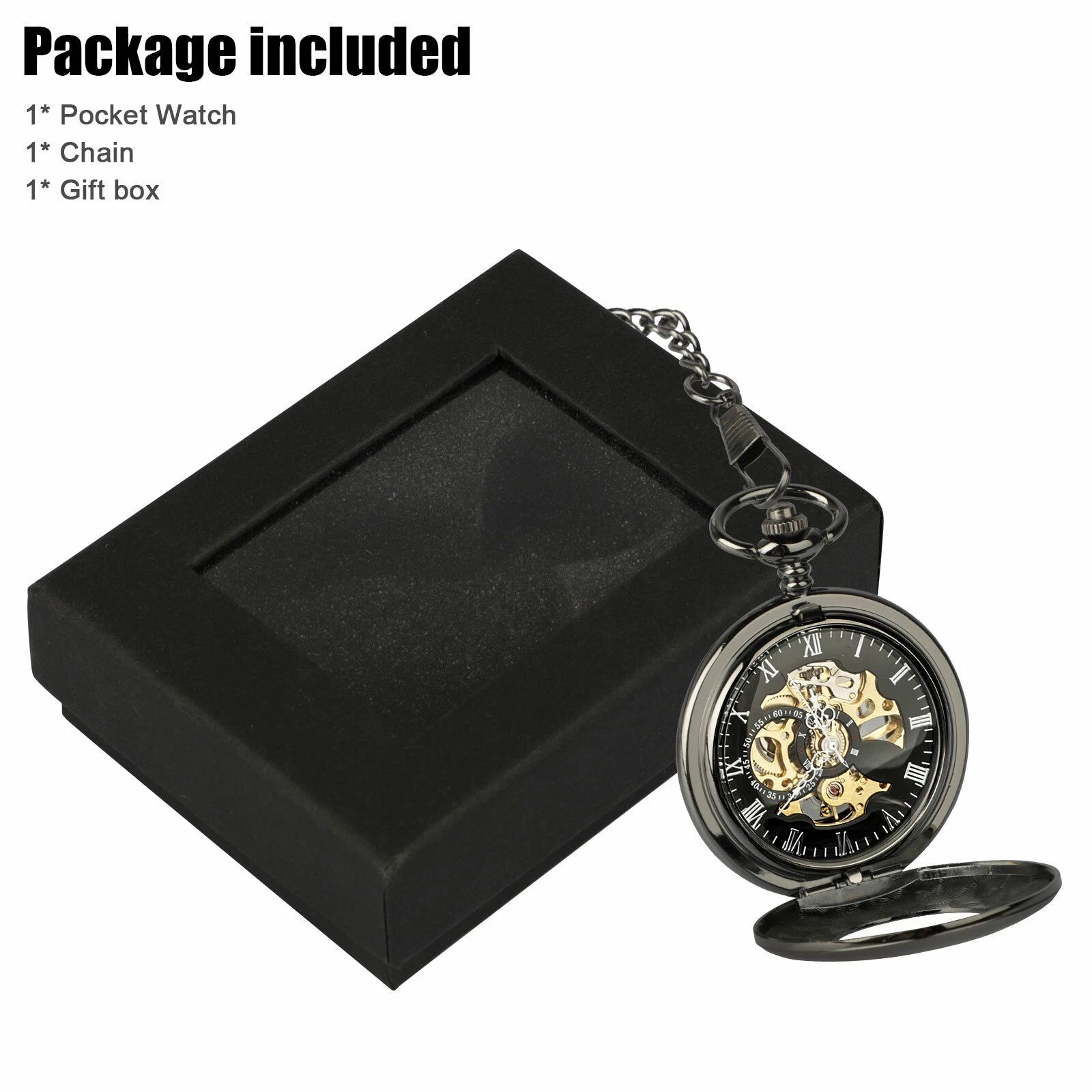 BYLD Mens Women Pocket Watch, Roman Numerals Mechanical Watch Black Steampunk Skeleton Style Hanging Watch with Retro Necklace Pendant Clock Chain Luxury Classic Dial Gift for Boys
