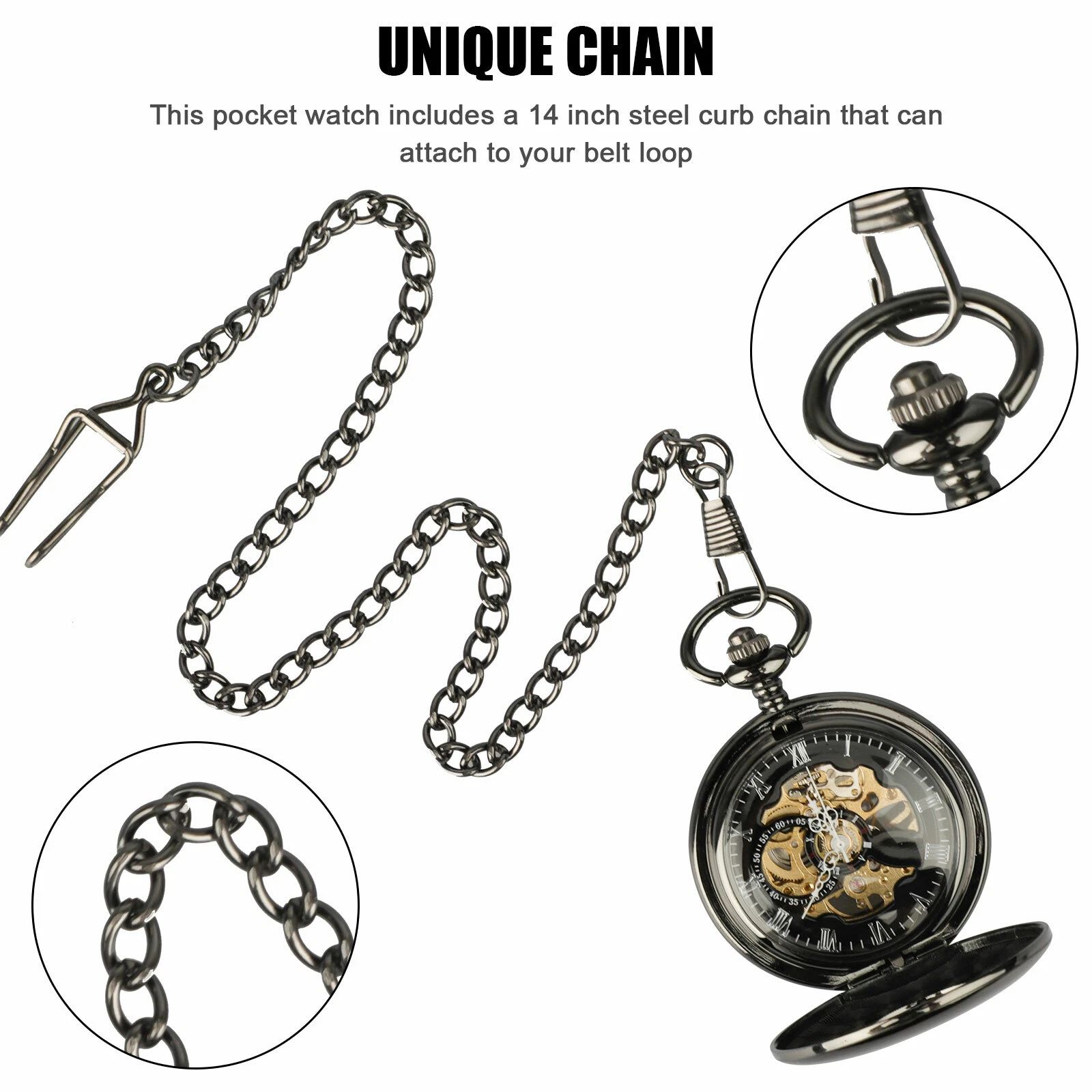 BYLD Mens Women Pocket Watch, Roman Numerals Mechanical Watch Black Steampunk Skeleton Style Hanging Watch with Retro Necklace Pendant Clock Chain Luxury Classic Dial Gift for Boys