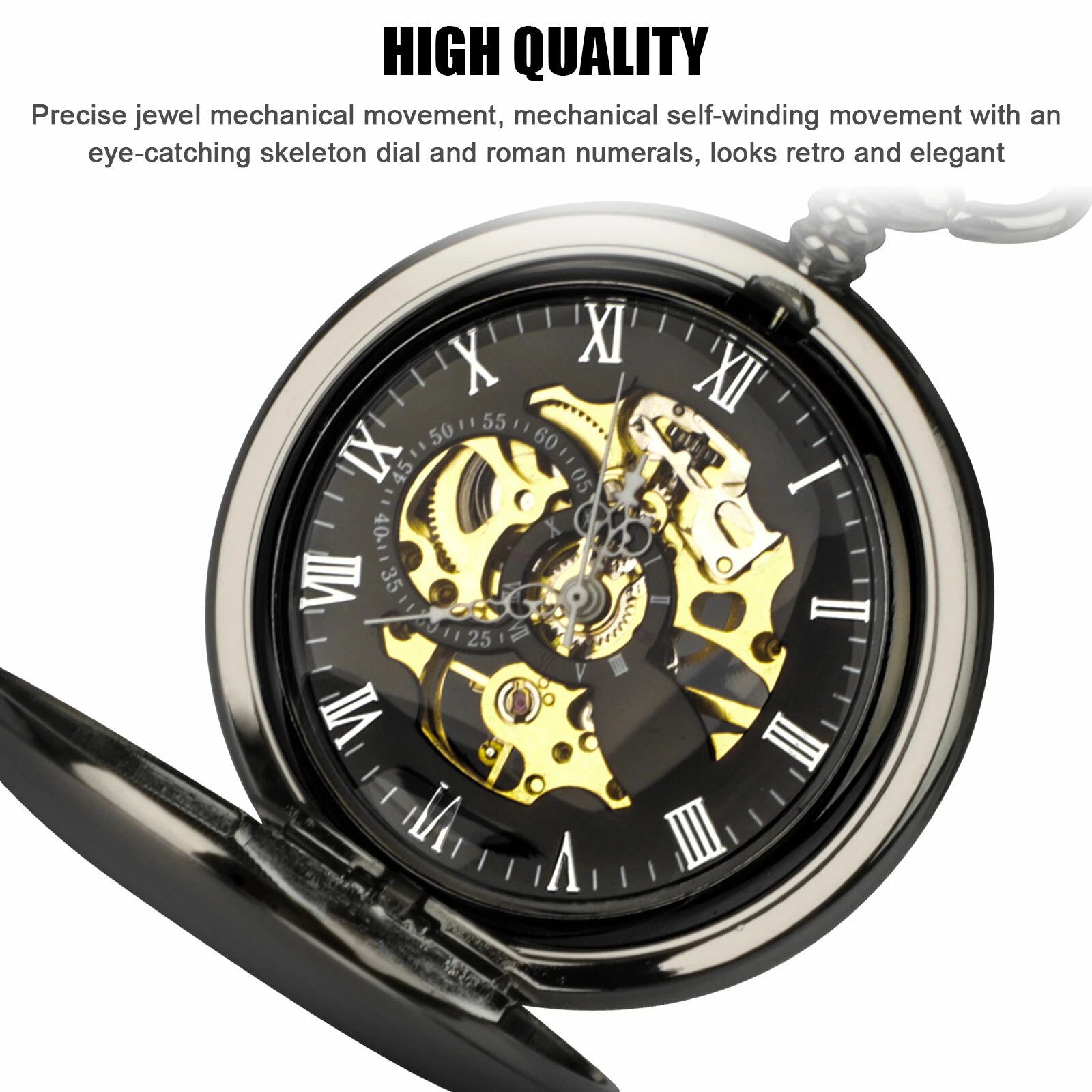 BYLD Mens Women Pocket Watch, Roman Numerals Mechanical Watch Black Steampunk Skeleton Style Hanging Watch with Retro Necklace Pendant Clock Chain Luxury Classic Dial Gift for Boys