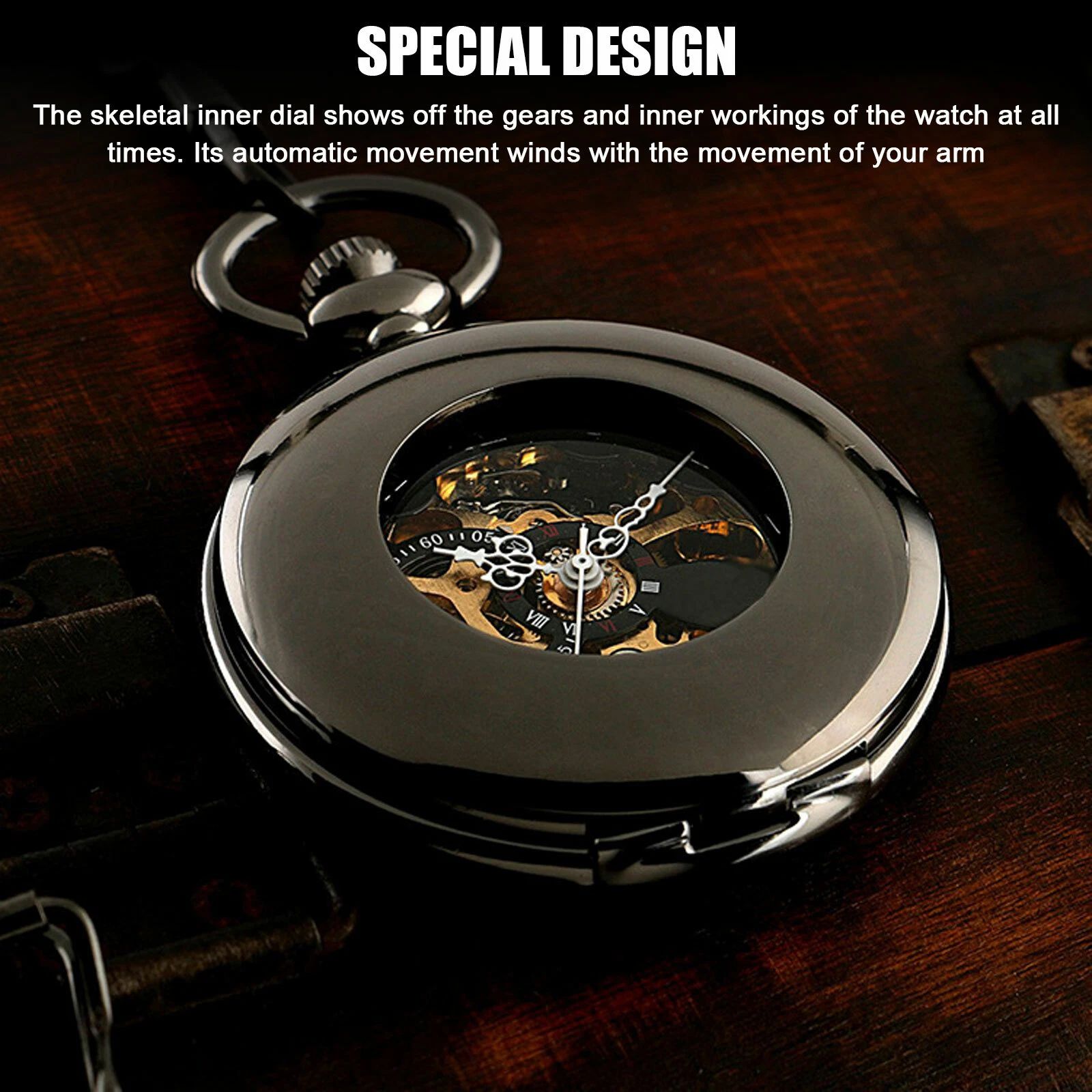 BYLD Mens Women Pocket Watch, Roman Numerals Mechanical Watch Black Steampunk Skeleton Style Hanging Watch with Retro Necklace Pendant Clock Chain Luxury Classic Dial Gift for Boys