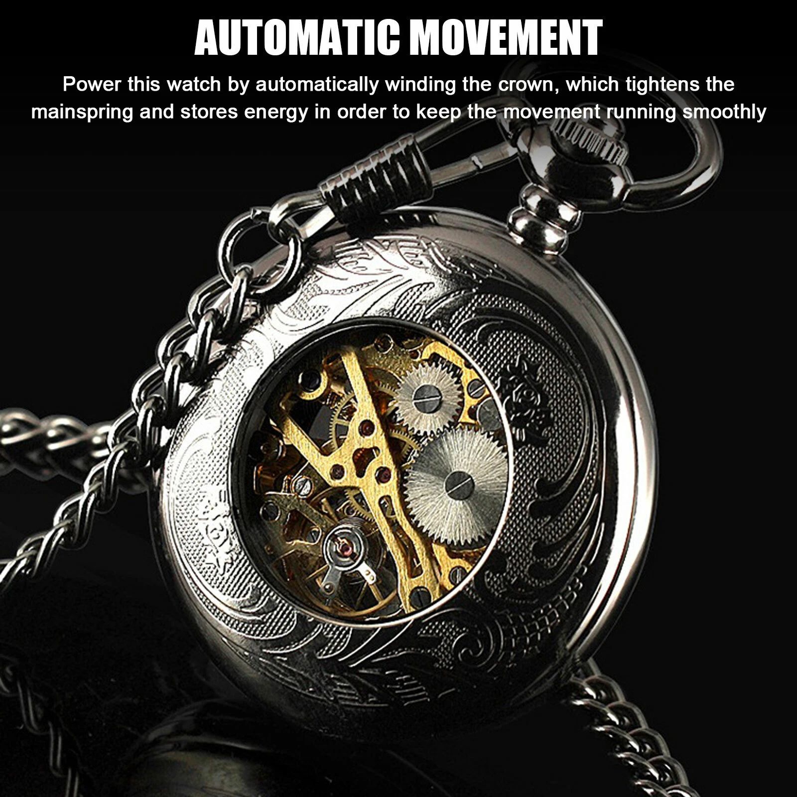 BYLD Mens Women Pocket Watch, Roman Numerals Mechanical Watch Black Steampunk Skeleton Style Hanging Watch with Retro Necklace Pendant Clock Chain Luxury Classic Dial Gift for Boys