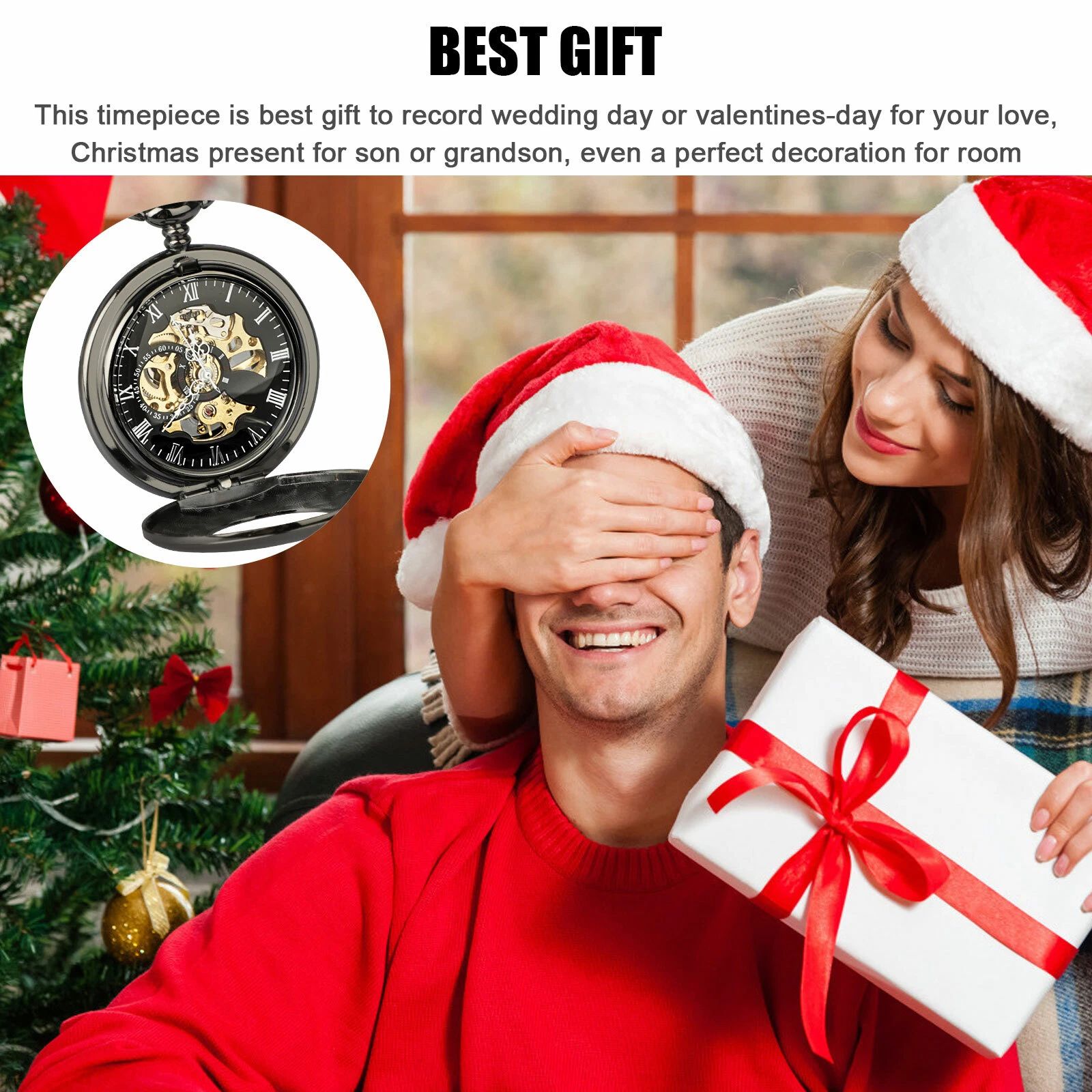 BYLD Mens Women Pocket Watch, Roman Numerals Mechanical Watch Black Steampunk Skeleton Style Hanging Watch with Retro Necklace Pendant Clock Chain Luxury Classic Dial Gift for Boys