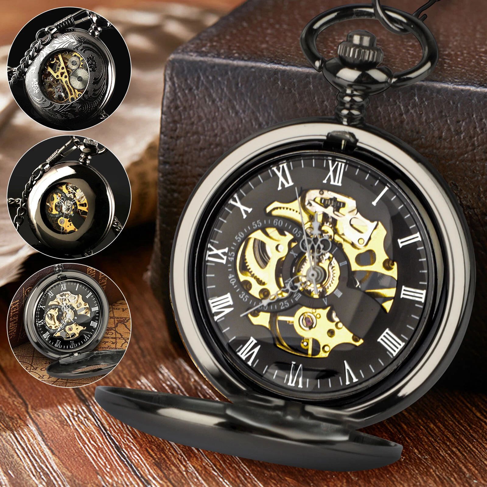 BYLD Mens Women Pocket Watch, Roman Numerals Mechanical Watch Black Steampunk Skeleton Style Hanging Watch with Retro Necklace Pendant Clock Chain Luxury Classic Dial Gift for Boys