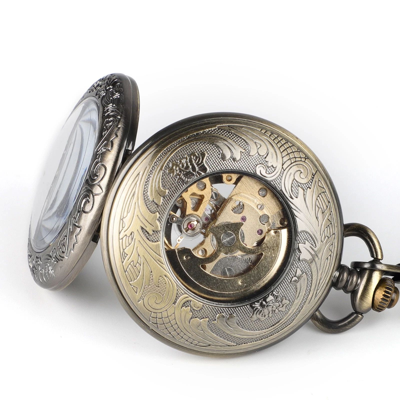BYLD Mechanical Pocket Watch Vintage Skeleton Dial Hand-Wind Steampunk Pocket Watch with Chain, Roman Numeral Flip Cover Classic Retro Pendant Watch for Men Women Collectible Gift