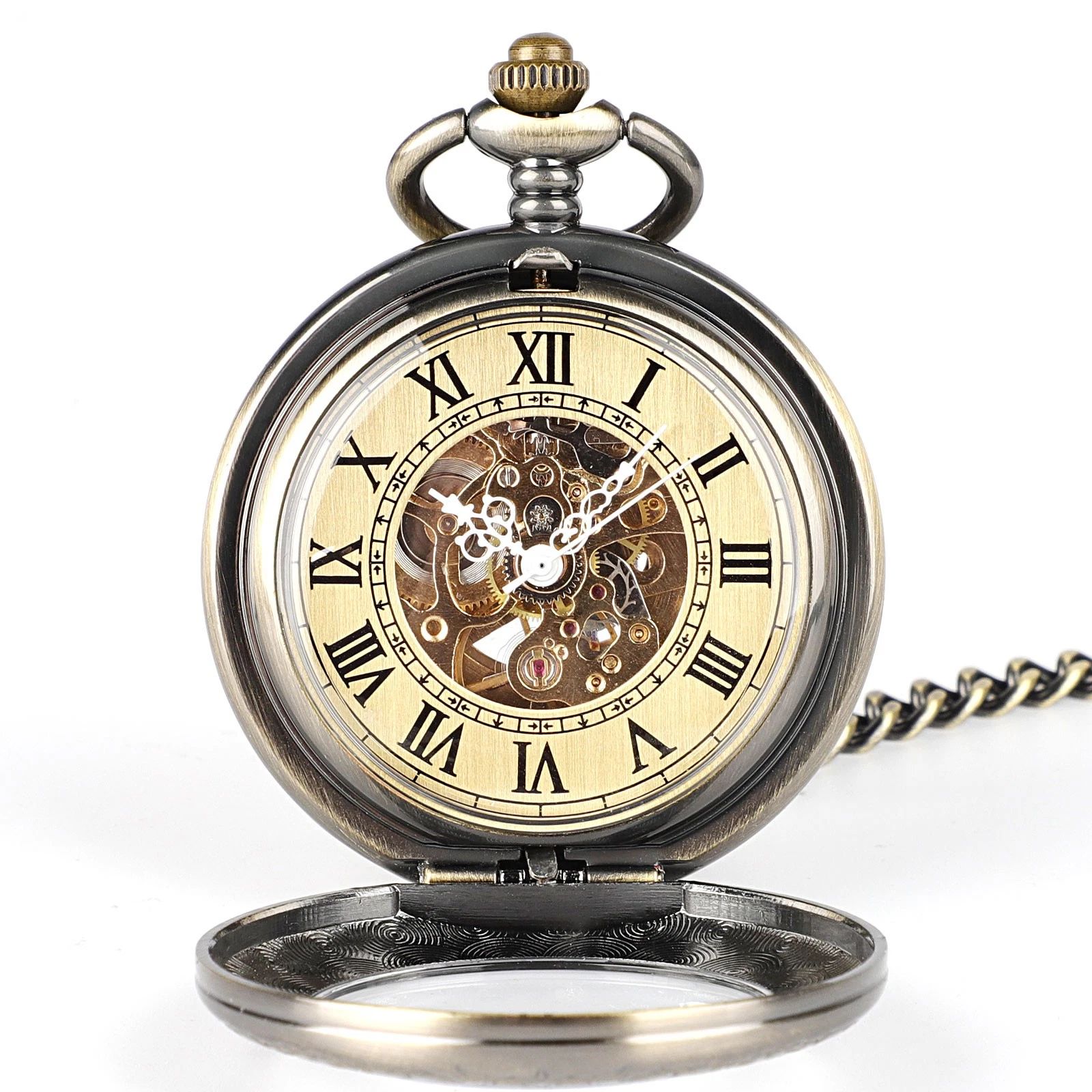 BYLD Mechanical Pocket Watch Vintage Skeleton Dial Hand-Wind Steampunk Pocket Watch with Chain, Roman Numeral Flip Cover Classic Retro Pendant Watch for Men Women Collectible Gift