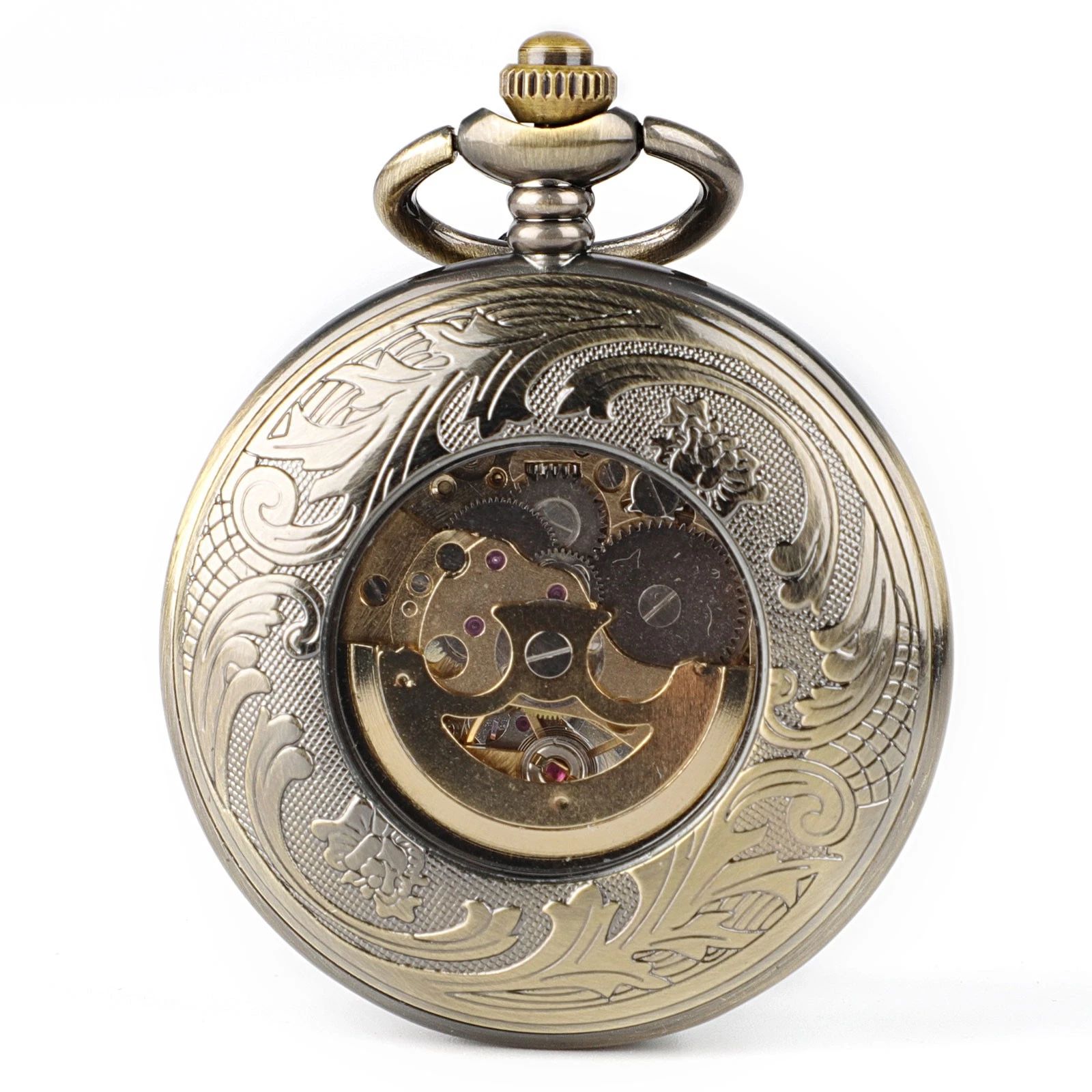 BYLD Mechanical Pocket Watch Vintage Skeleton Dial Hand-Wind Steampunk Pocket Watch with Chain, Roman Numeral Flip Cover Classic Retro Pendant Watch for Men Women Collectible Gift