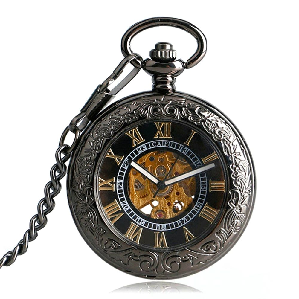 BYLD Mechanical Pocket Watch Vintage Skeleton Dial Hand-Wind Steampunk Pocket Watch with Chain, Roman Numeral Flip Cover Classic Retro Pendant Watch for Men Women Collectible Gift