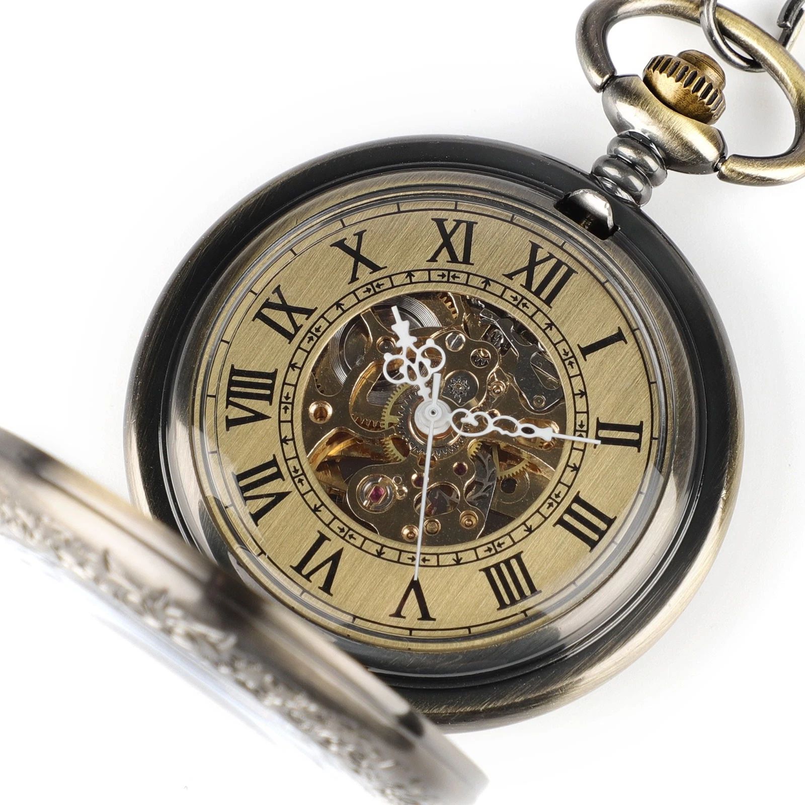 BYLD Mechanical Pocket Watch Vintage Skeleton Dial Hand-Wind Steampunk Pocket Watch with Chain, Roman Numeral Flip Cover Classic Retro Pendant Watch for Men Women Collectible Gift