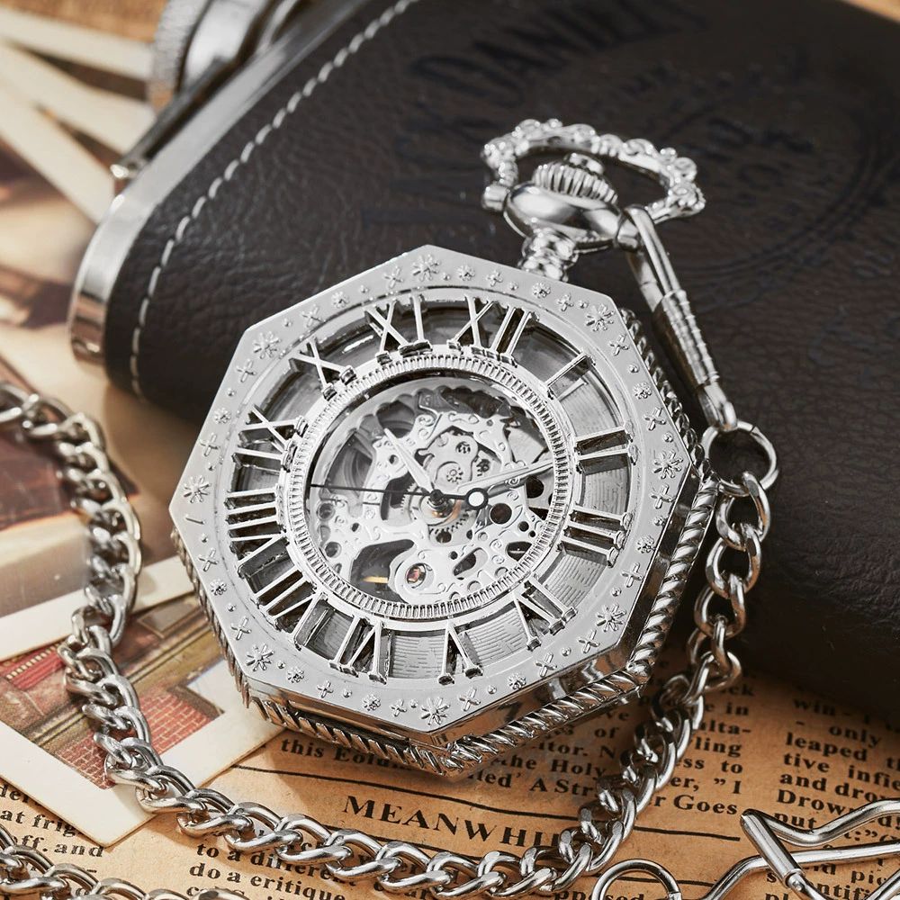 BYLD Mechanical Pocket Watch Vintage Skeleton Hand-Wind Pocket Watch with Chain, Octagon Engraved Case Roman Numerals Retro Steampunk Pendant Watch for Men Women Collectible Gift