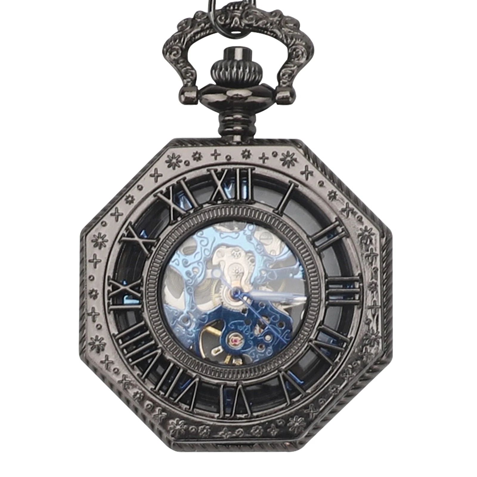 BYLD Mechanical Pocket Watch Vintage Skeleton Hand-Wind Pocket Watch with Chain, Octagon Engraved Case Roman Numerals Retro Steampunk Pendant Watch for Men Women Collectible Gift
