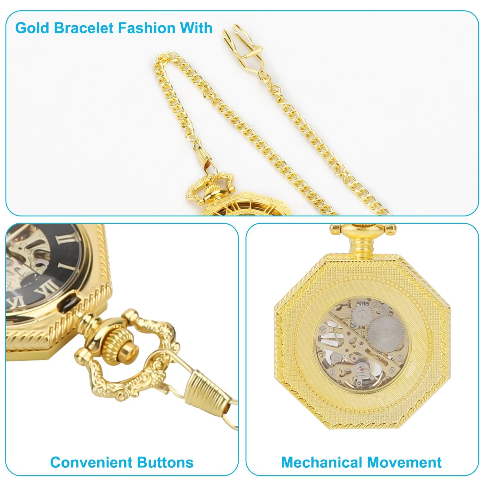 BYLD Mechanical Pocket Watch Vintage Skeleton Hand-Wind Pocket Watch with Chain, Octagon Engraved Case Roman Numerals Retro Steampunk Pendant Watch for Men Women Collectible Gift