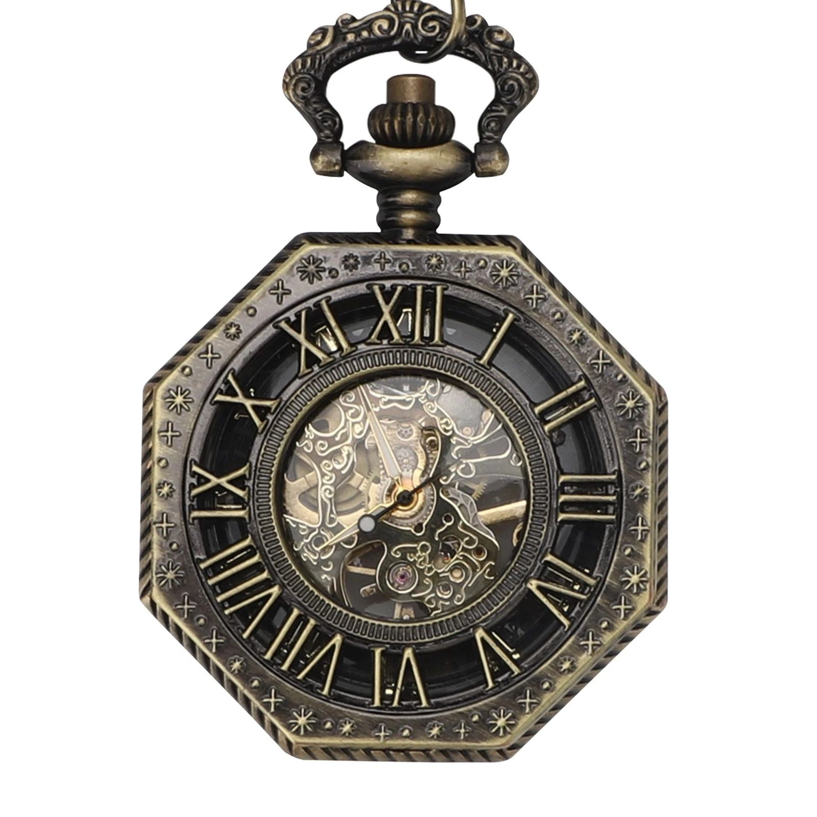 BYLD Mechanical Pocket Watch Vintage Skeleton Hand-Wind Pocket Watch with Chain, Octagon Engraved Case Roman Numerals Retro Steampunk Pendant Watch for Men Women Collectible Gift