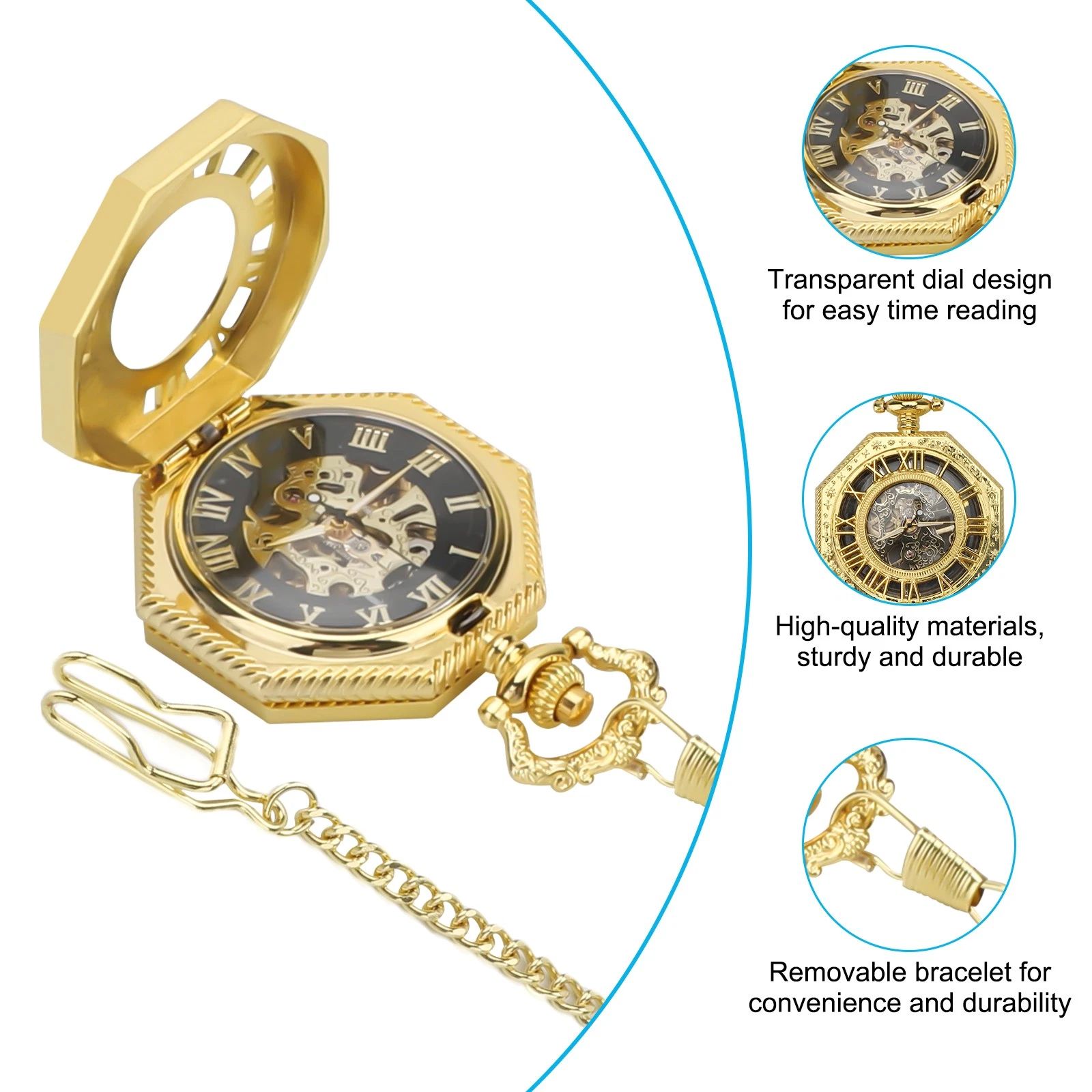 BYLD Mechanical Pocket Watch Vintage Skeleton Hand-Wind Pocket Watch with Chain, Octagon Engraved Case Roman Numerals Retro Steampunk Pendant Watch for Men Women Collectible Gift