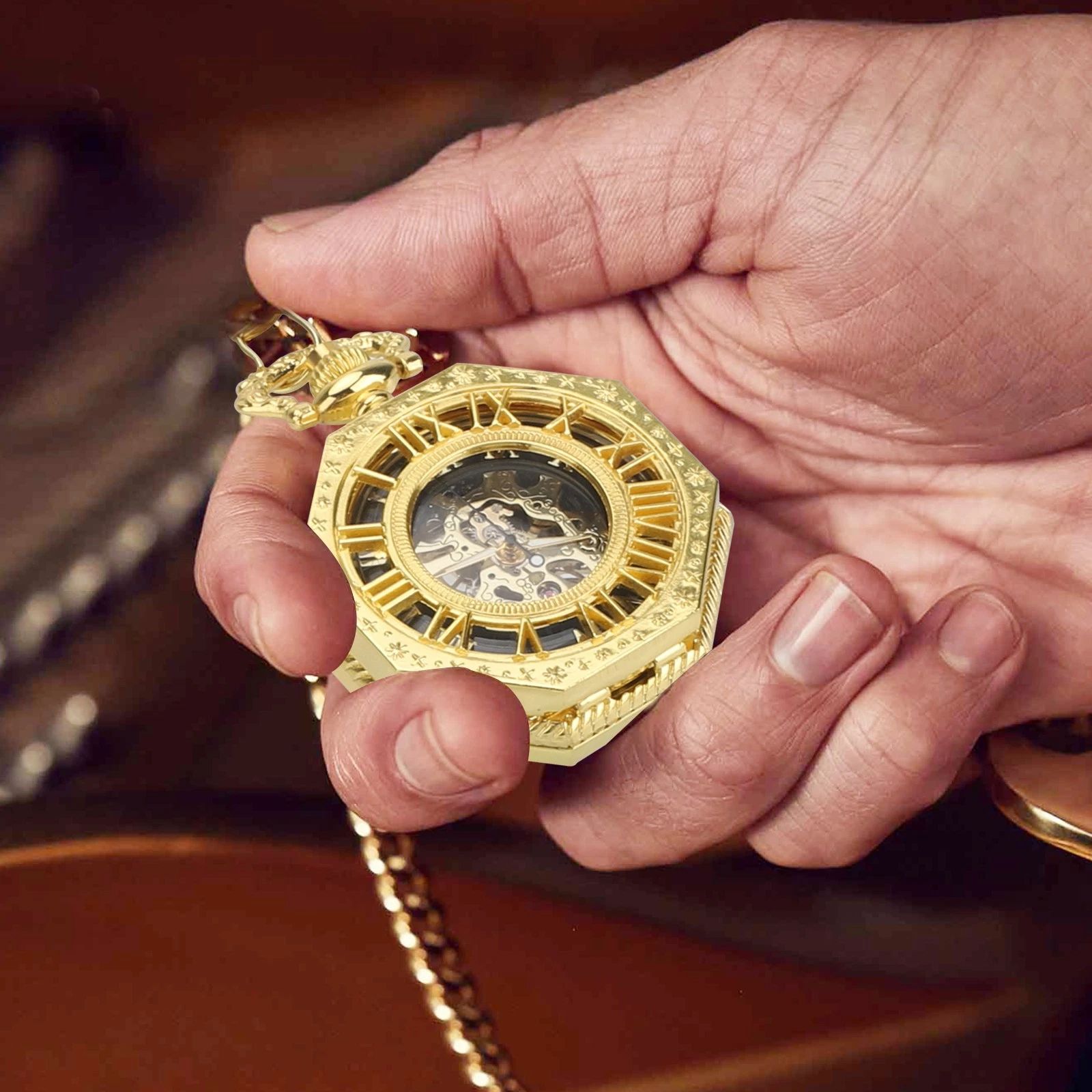 BYLD Mechanical Pocket Watch Vintage Skeleton Hand-Wind Pocket Watch with Chain, Octagon Engraved Case Roman Numerals Retro Steampunk Pendant Watch for Men Women Collectible Gift