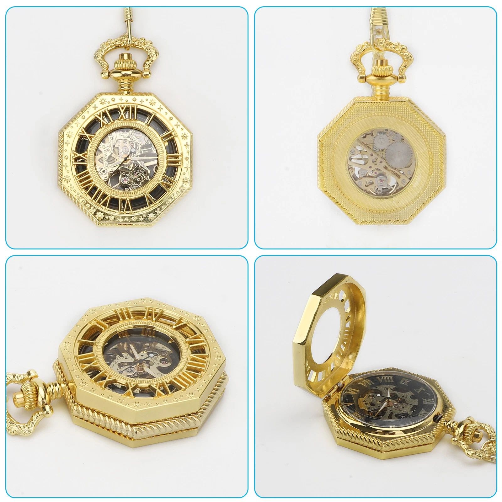 BYLD Mechanical Pocket Watch Vintage Skeleton Hand-Wind Pocket Watch with Chain, Octagon Engraved Case Roman Numerals Retro Steampunk Pendant Watch for Men Women Collectible Gift